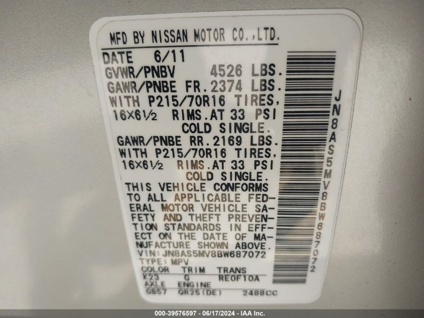 2011 Nissan Rogue S VIN: JN8AS5MV8BW687072 Lot: 39576597