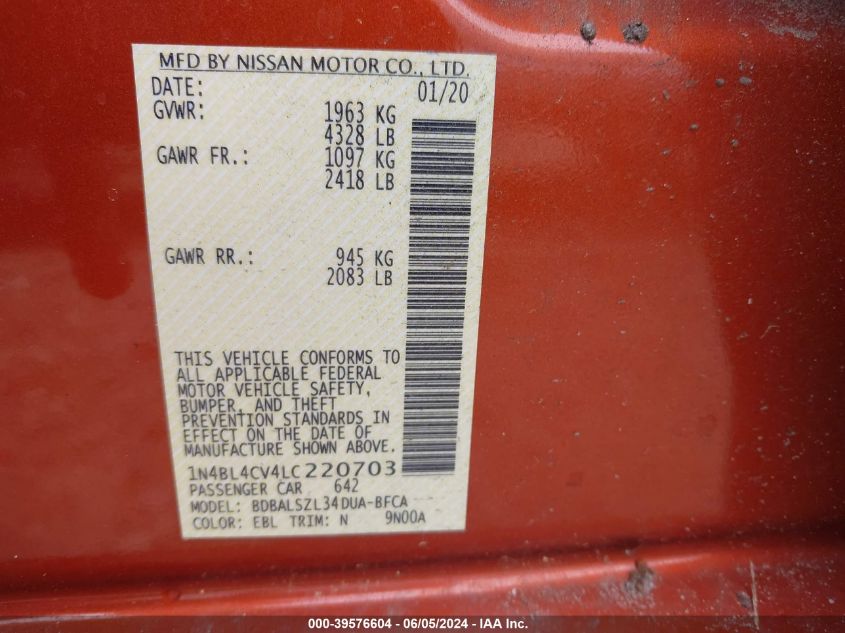 2020 Nissan Altima Sr Fwd VIN: 1N4BL4CV4LC220703 Lot: 39576604