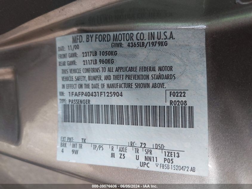 2001 Ford Mustang VIN: 1FAFP40431F125904 Lot: 39576606