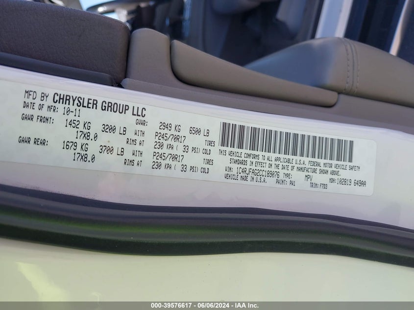 2012 Jeep Grand Cherokee Laredo VIN: 1C4RJFAG2CC189076 Lot: 39576617