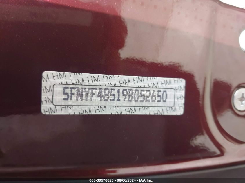 2009 Honda Pilot Ex-L VIN: 5FNYF48519B052650 Lot: 39576623