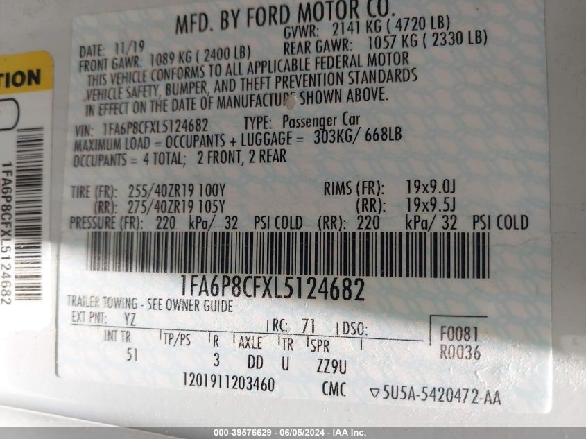 2020 Ford Mustang Gt Premium Fastback VIN: 1FA6P8CFXL5124682 Lot: 39576629