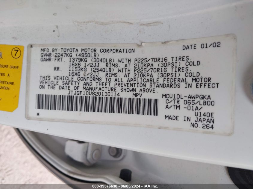 2002 Lexus Rx 300 VIN: JTJGF10U820130114 Lot: 39576630