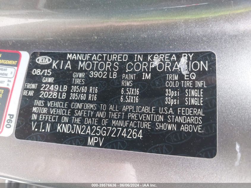 2016 Kia Soul VIN: KNDJN2A25G7274264 Lot: 39576636