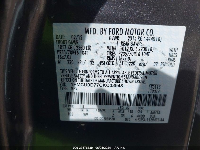 1FMCU0D77CKC03948 2012 Ford Escape Xlt