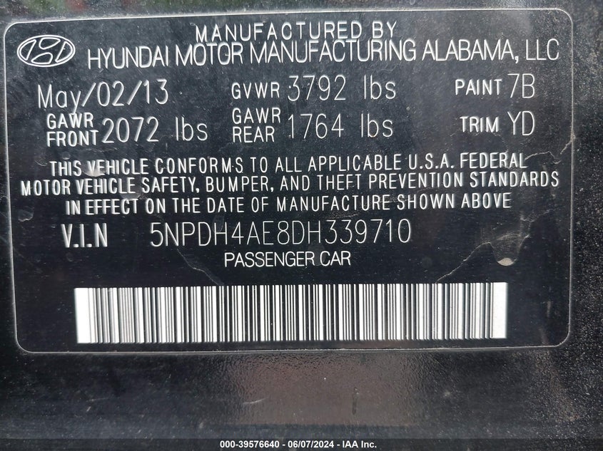 2013 Hyundai Elantra Gls VIN: 5NPDH4AE8DH339710 Lot: 39576640