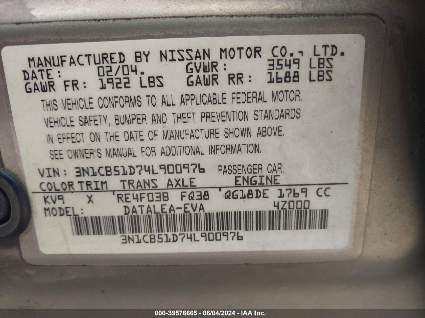 2004 Nissan Sentra 1.8S VIN: 3N1CB51D74L900976 Lot: 39576665