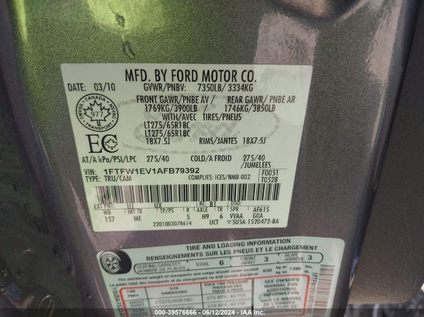 2010 Ford F-150 Fx4/Harley-Davidson/King Ranch/Lariat/Platinum/Xl/Xlt VIN: 1FTFW1EV1AFB79392 Lot: 39576666