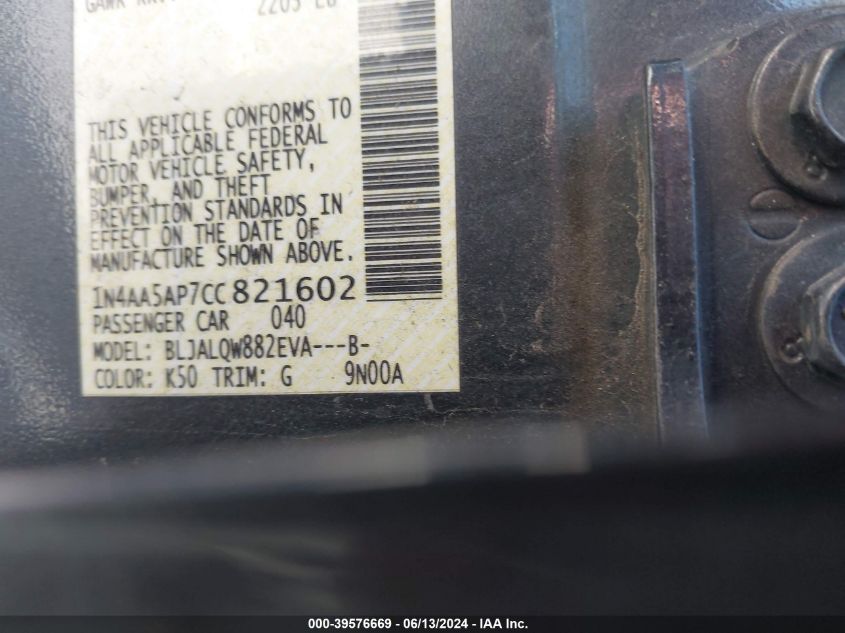 2012 Nissan Maxima 3.5 S VIN: 1N4AA5AP7CC821602 Lot: 39576669