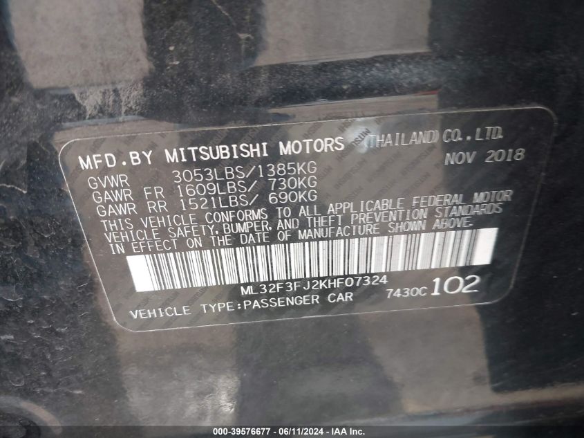 2019 Mitsubishi Mirage G4 Es VIN: ML32F3FJ2KHF07324 Lot: 39576677