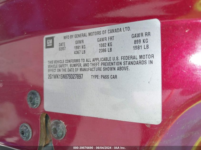 2007 Chevrolet Monte Carlo Lt VIN: 2G1WK15N879327897 Lot: 39576690
