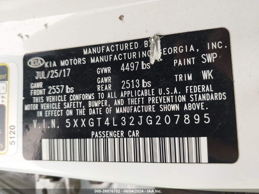 2018 Kia Optima Lx VIN: 5XXGT4L32JG207895 Lot: 39576702