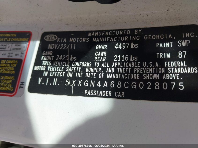 2012 Kia Optima Ex Turbo VIN: 5XXGN4A68CG028075 Lot: 39576706