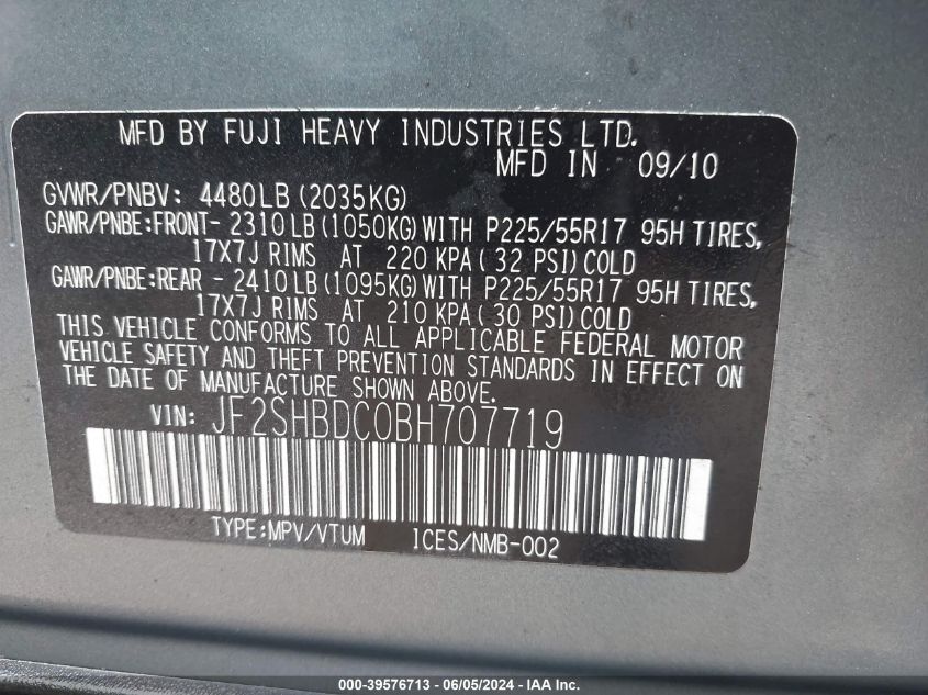 2011 Subaru Forester 2.5X Premium VIN: JF2SHBDC0BH707719 Lot: 39576713