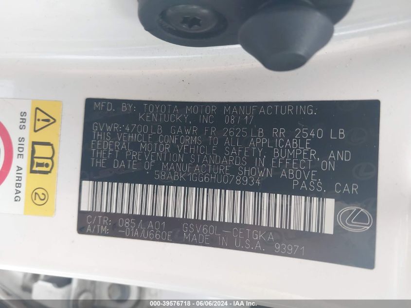 2017 Lexus Es 350 VIN: 58ABK1GG6HU078934 Lot: 39576718