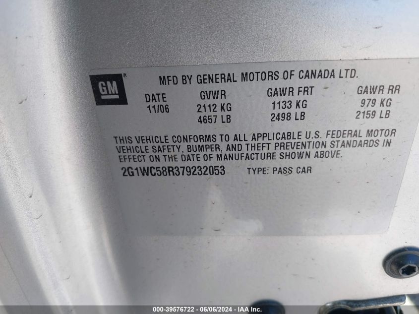 2007 Chevrolet Impala Lt VIN: 2G1WC58R379232053 Lot: 39576722