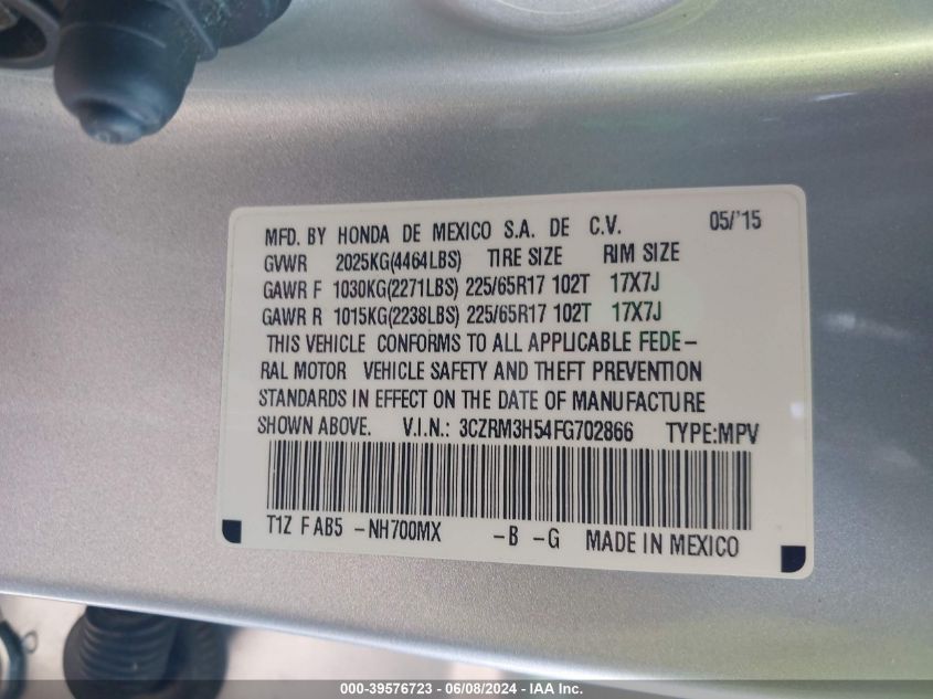 2015 Honda Cr-V Ex VIN: 3CZRM3H54FG702866 Lot: 39576723