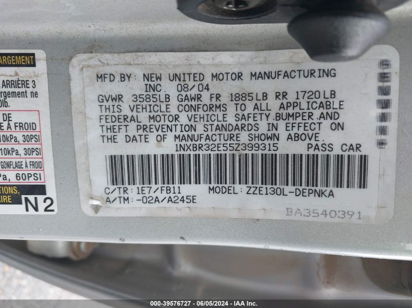 2005 Toyota Corolla Le VIN: 1NXBR32E55Z399315 Lot: 39576727