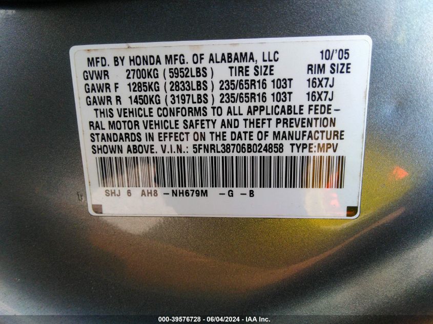 2006 Honda Odyssey Ex-L VIN: 5FNRL38706B024858 Lot: 39576728