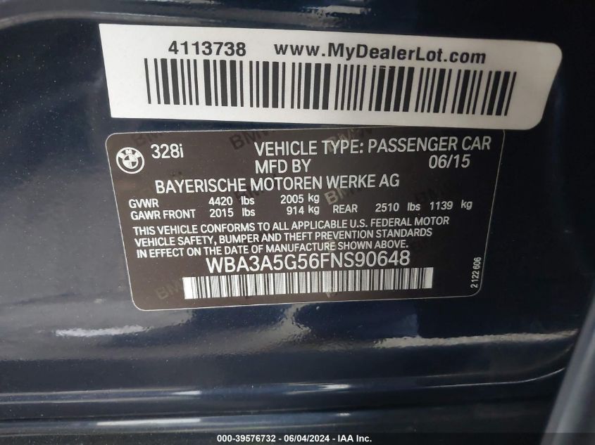 2015 BMW 328I VIN: WBA3A5G56FNS90648 Lot: 39576732