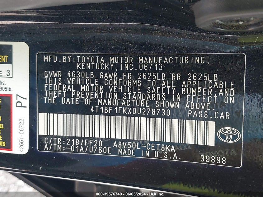 2013 Toyota Camry Se VIN: 4T1BF1FKXDU278730 Lot: 39576740