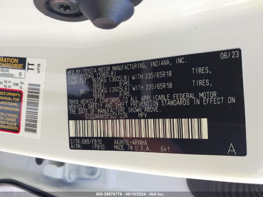 2023 Toyota Highlander Hybrid Le VIN: 5TDZARAH5PS021236 Lot: 39576779