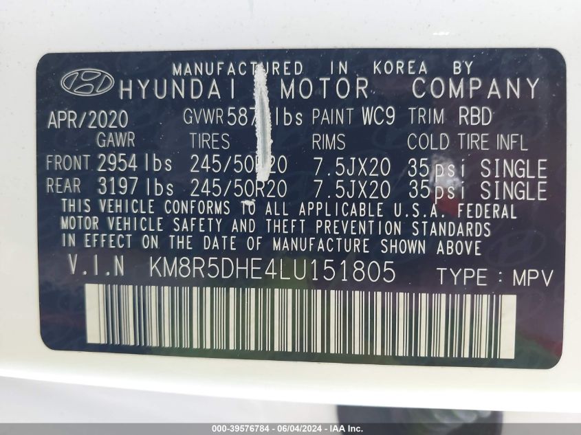 2020 Hyundai Palisade Limited VIN: KM8R5DHE4LU151805 Lot: 39576784