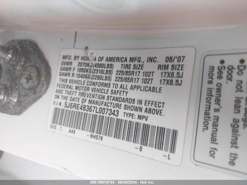 2007 Honda Cr-V Lx VIN: 5J6RE48367L007343 Lot: 39576785