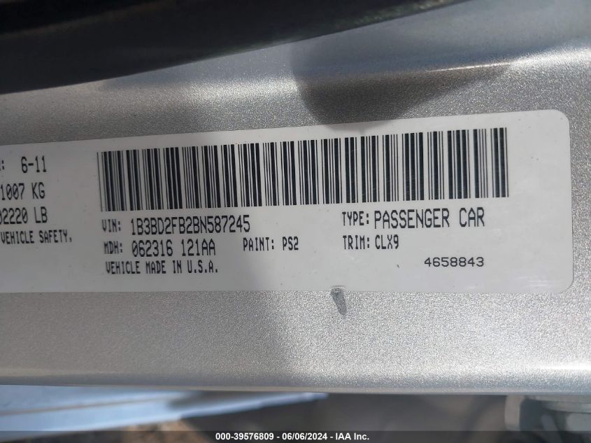 2011 Dodge Avenger Lux VIN: 1B3BD2FB2BN587245 Lot: 39576809