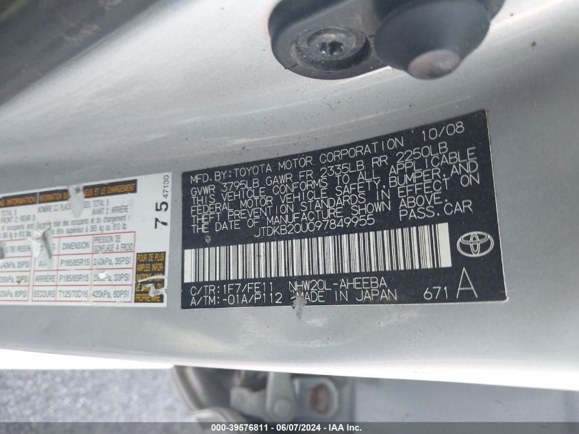 2009 Toyota Prius VIN: JTDKB20U097849955 Lot: 39576811