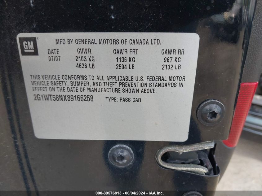 2008 Chevrolet Impala Lt VIN: 2G1WT58NX89166258 Lot: 39576813