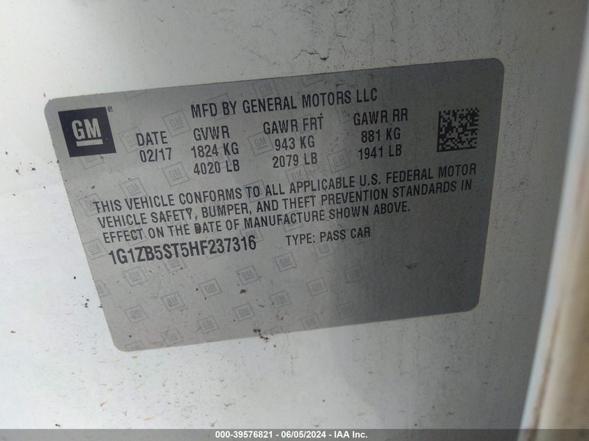 2017 Chevrolet Malibu Ls VIN: 1G1ZB5ST5HF237316 Lot: 39576821