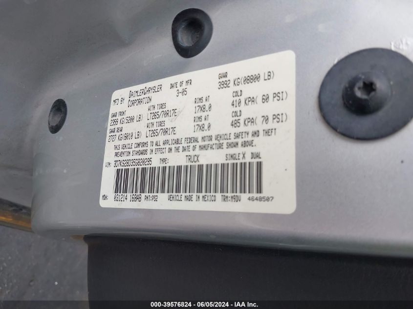 2005 Dodge Ram 2500 Slt/Laramie VIN: 3D7KS28D35G820295 Lot: 39576824