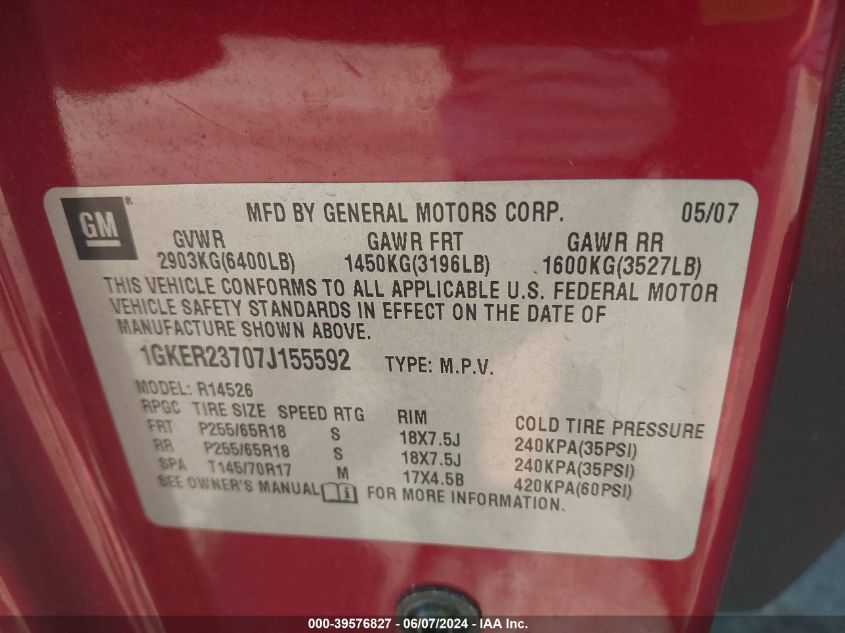 2007 GMC Acadia Slt-1 VIN: 1GKER23707J155592 Lot: 39576827