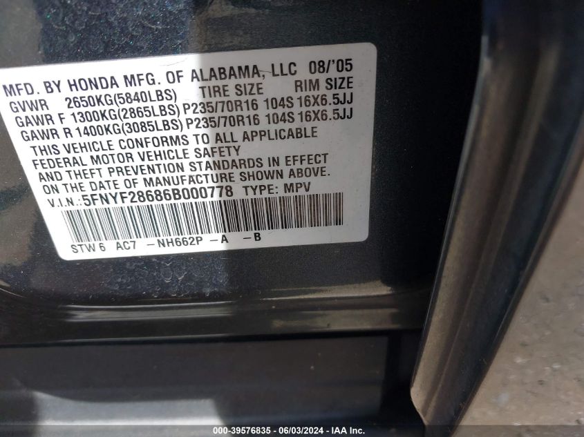 2006 Honda Pilot Ex-L VIN: 5FNYF28686B000778 Lot: 39576835