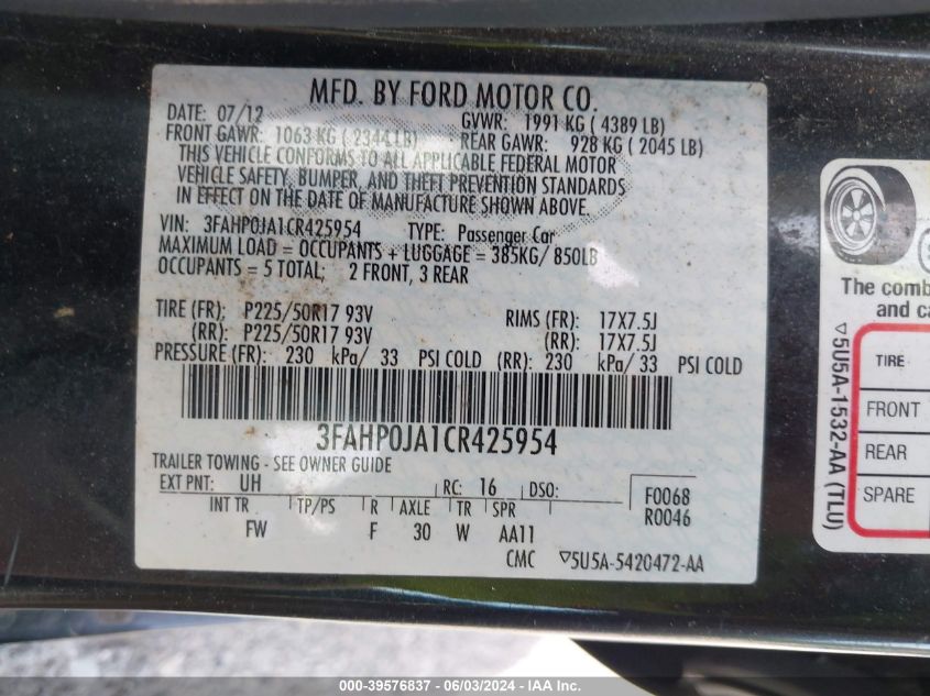 2012 Ford Fusion Sel VIN: 3FAHP0JA1CR425954 Lot: 39576837
