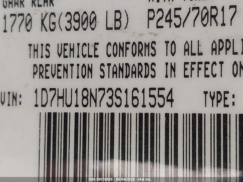 2003 Dodge Ram 1500 Slt/Laramie/St VIN: 1D7HU18N73S161554 Lot: 39576855