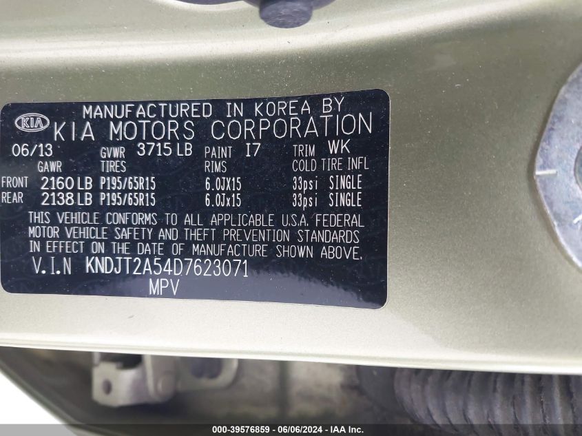 2013 Kia Soul VIN: KNDJT2A54D7623071 Lot: 39576859