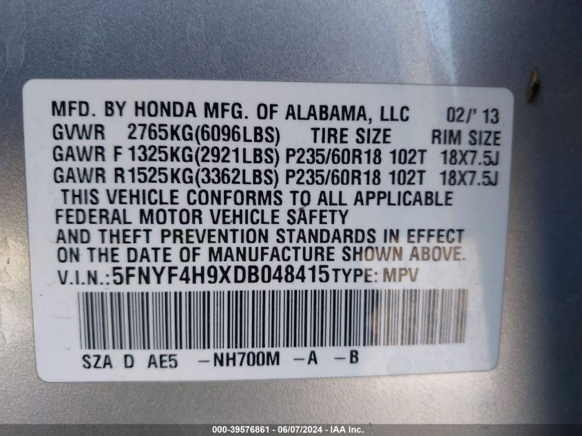 2013 Honda Pilot Touring VIN: 5FNYF4H9XDB048415 Lot: 39576861