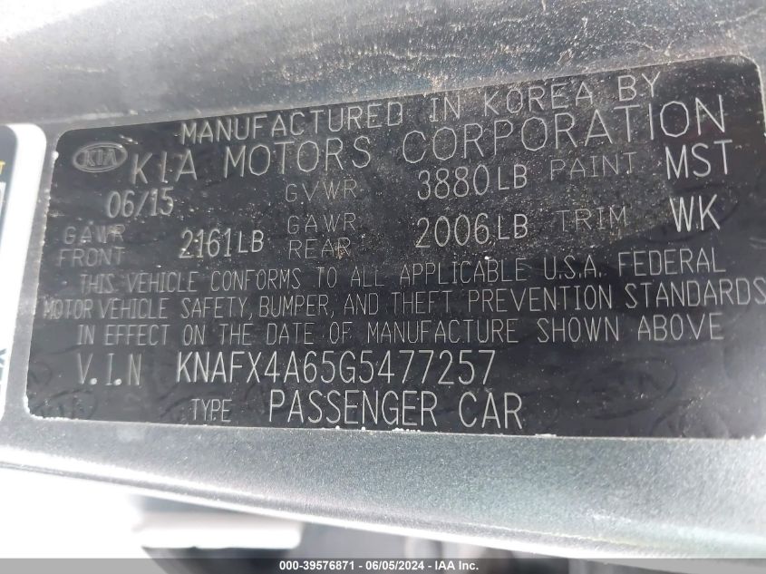 2016 Kia Forte Lx VIN: KNAFX4A65G5477257 Lot: 39576871