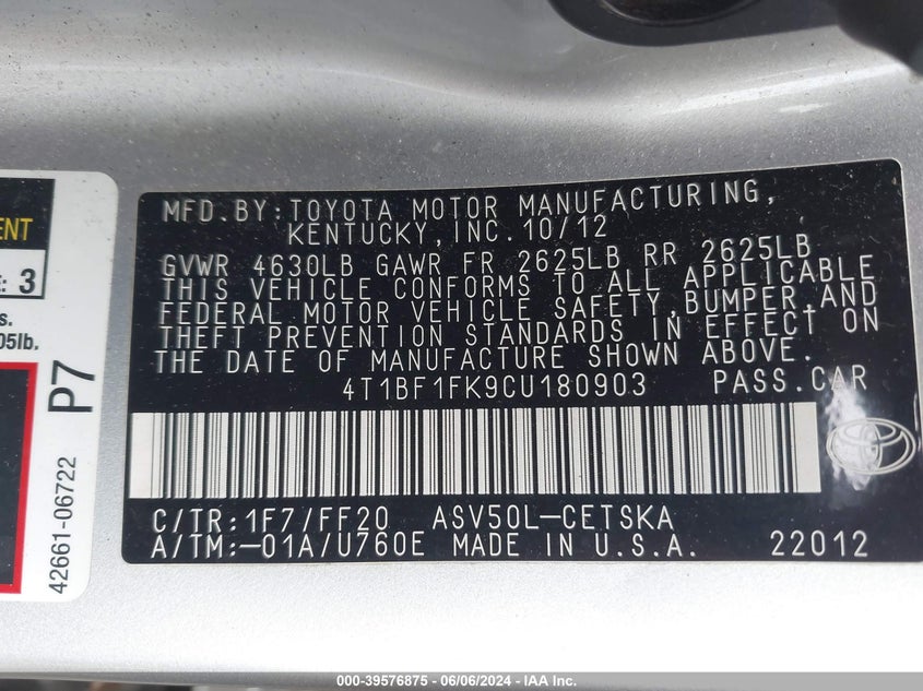 2012 Toyota Camry Se VIN: 4T1BF1FK9CU180903 Lot: 39576875