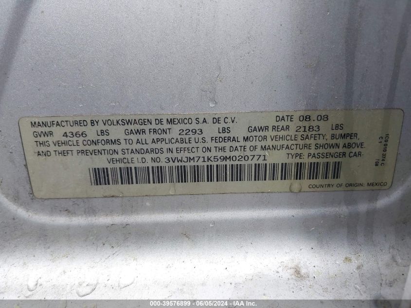 2009 Volkswagen Jetta S VIN: 3VWJM71K59M020771 Lot: 39576899