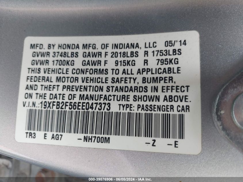 2014 Honda Civic Lx VIN: 19XFB2F56EE047373 Lot: 39576906