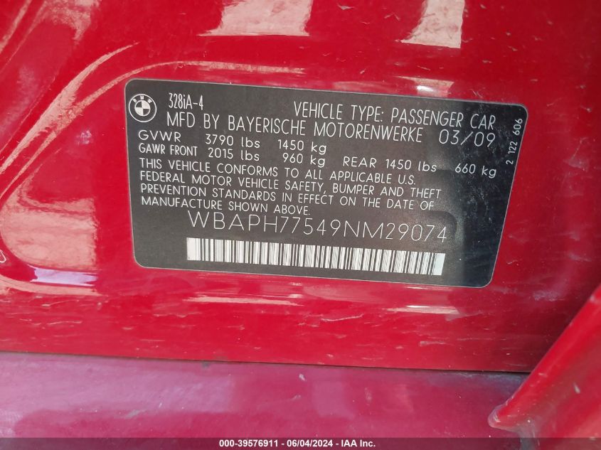 2009 BMW 328I VIN: WBAPH77549NM29074 Lot: 39576911