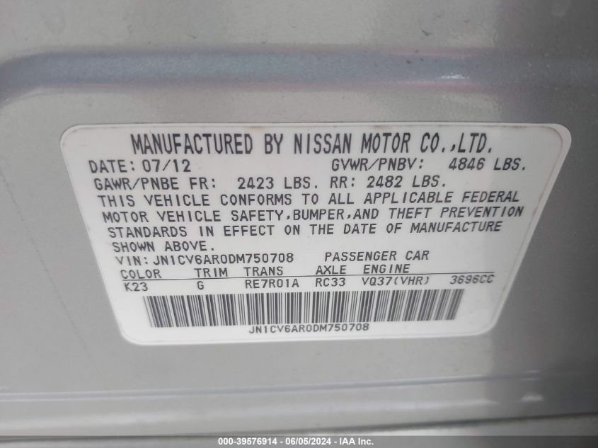 2013 Infiniti G37X VIN: JN1CV6AR0DM750708 Lot: 39576914