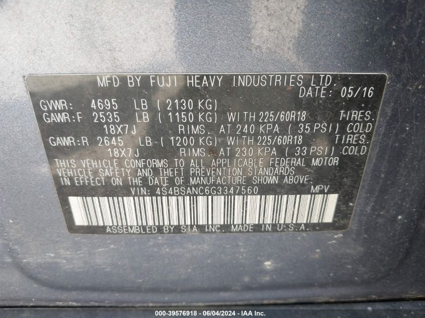 2016 Subaru Outback 2.5I Limited VIN: 4S4BSANC6G3347560 Lot: 39576918