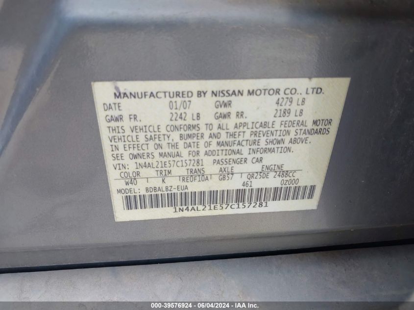 2007 Nissan Altima 2.5 S VIN: 1N4AL21E57C157281 Lot: 39576924