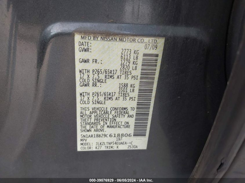 2009 Nissan Pathfinder Se VIN: 5N1AR18B29C618806 Lot: 39576929