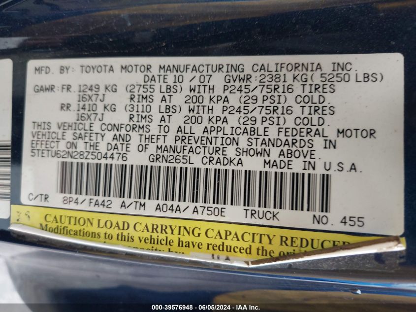 2008 Toyota Tacoma Prerunner V6 VIN: 5TETU62N28Z504476 Lot: 39576948