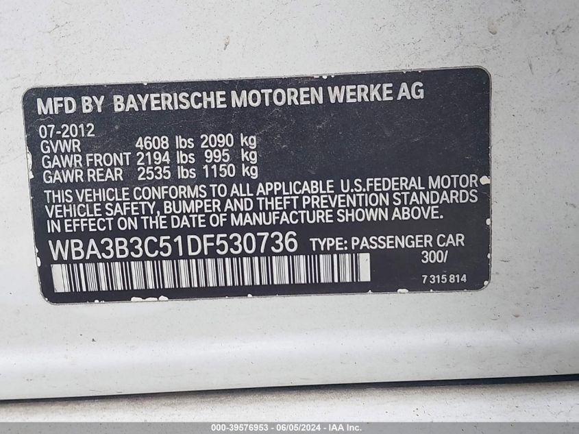 2013 BMW 328I xDrive VIN: WBA3B3C51DF530736 Lot: 39576953